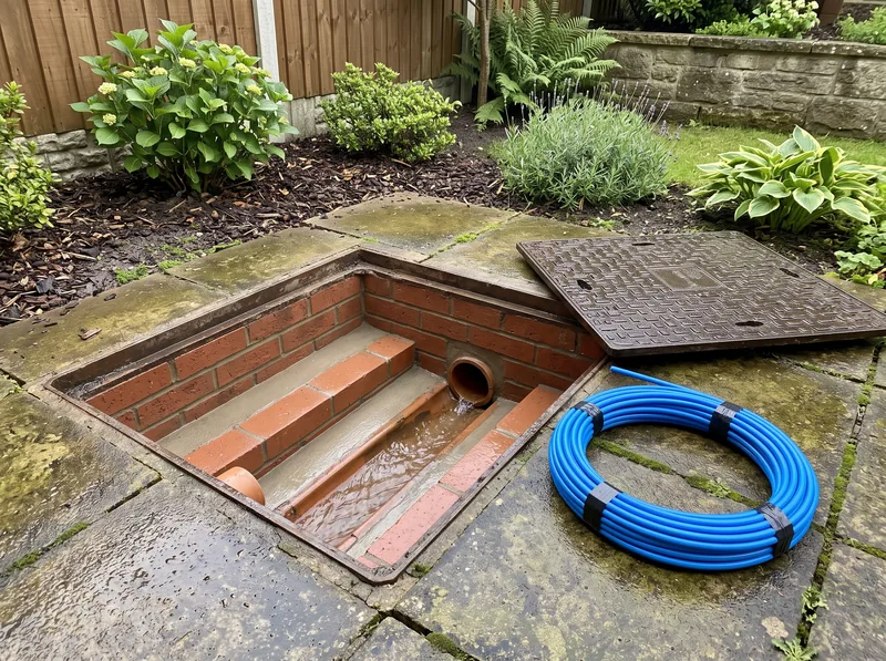 A clear inspection chamber with free-flowing water and tidy brick benching