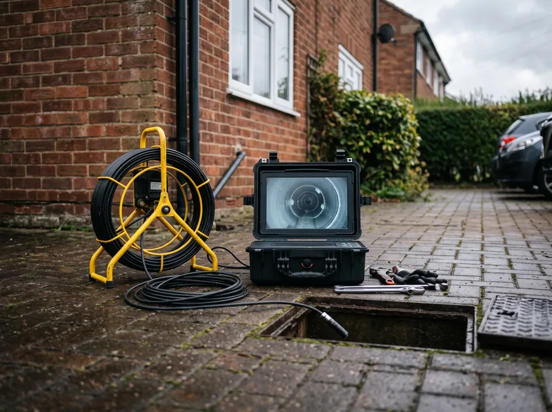 Drain survey camera reel and monitor set up on a driveway