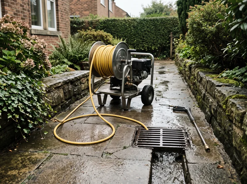 Jetting hose and reel beside a freshly cleared gully running clear