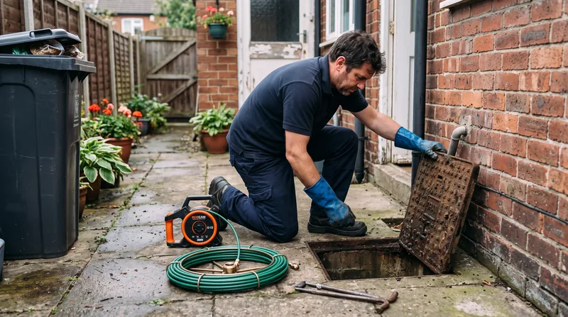 A drainage engineer lifting a drain cover to clear a blockage