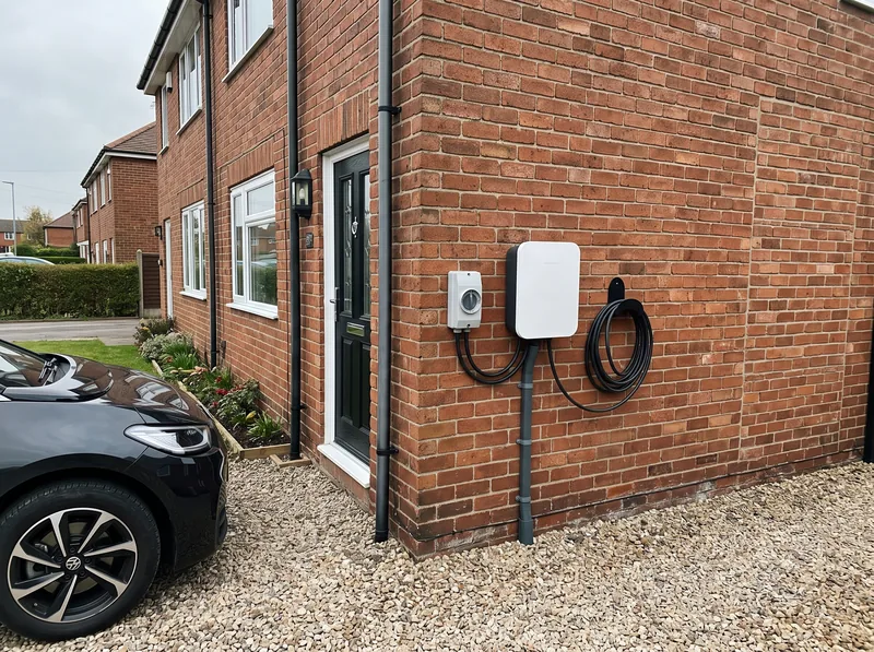 An electric vehicle charge point mounted on an exterior house wall beside a driveway
