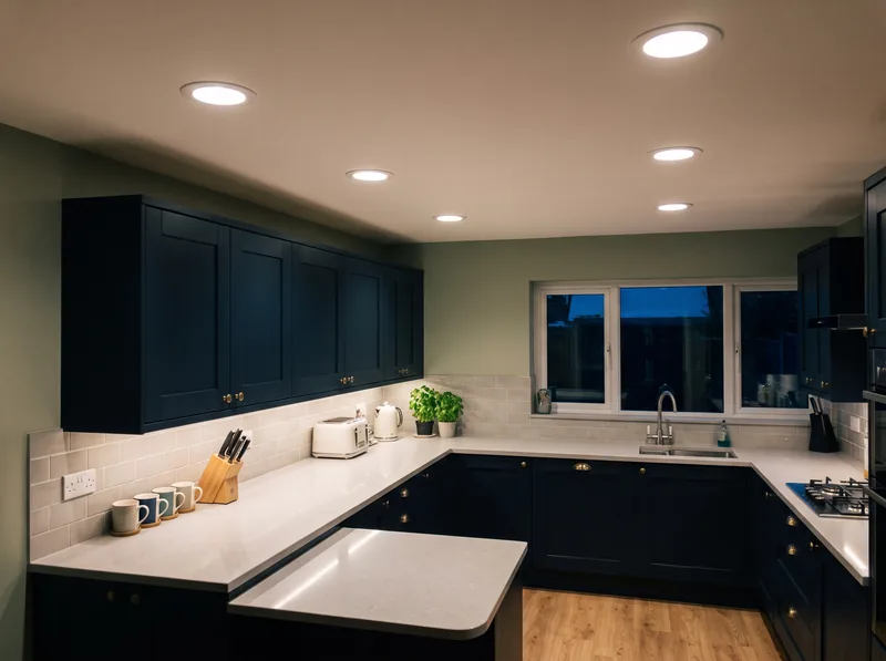 Recessed LED downlights switched on above a kitchen worktop