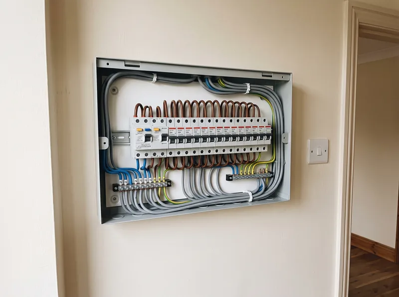 A newly installed consumer unit with neatly arranged breakers and RCDs