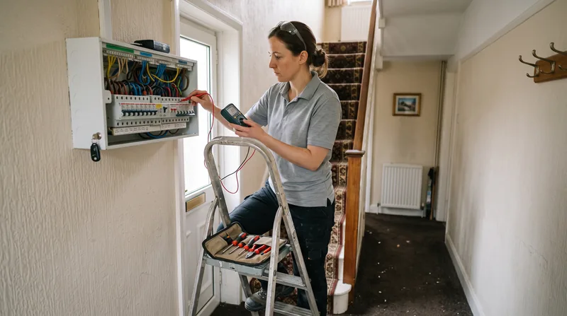 An electrician testing a circuit at a domestic consumer unit