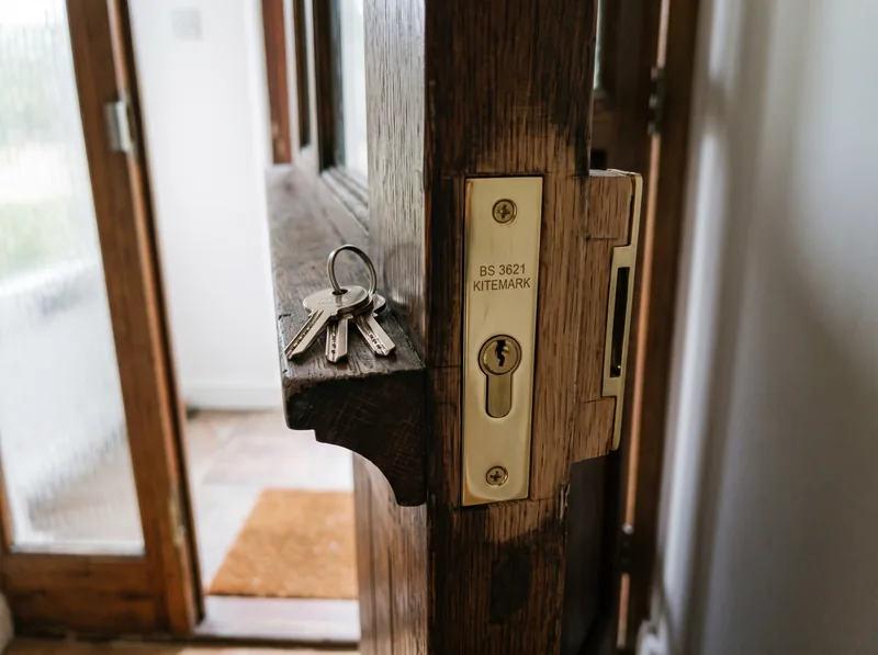 A new British Standard mortice deadlock fitted flush into a timber door