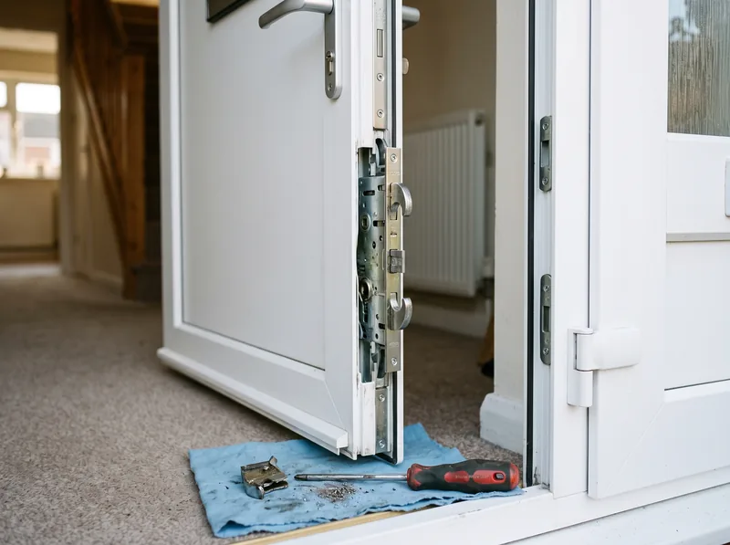 A replaced multipoint locking mechanism exposed in the edge of a uPVC door