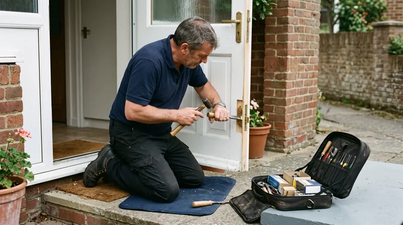 A locksmith fitting a new mortice lock to a front door