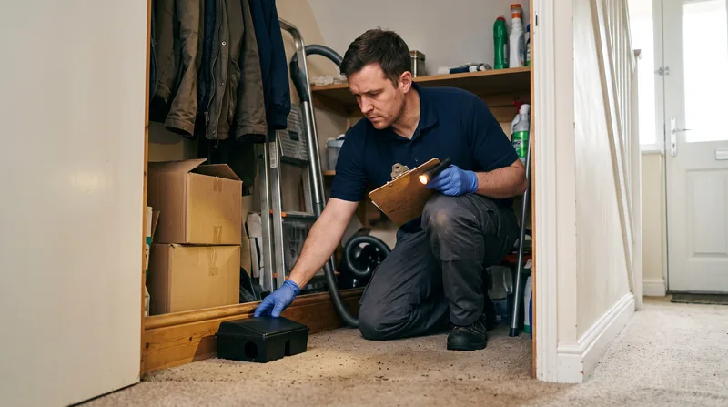A pest control technician placing a bait station during an inspection