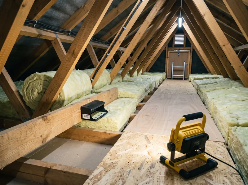 A tidy loft space with a discreet monitoring station placed on a joist