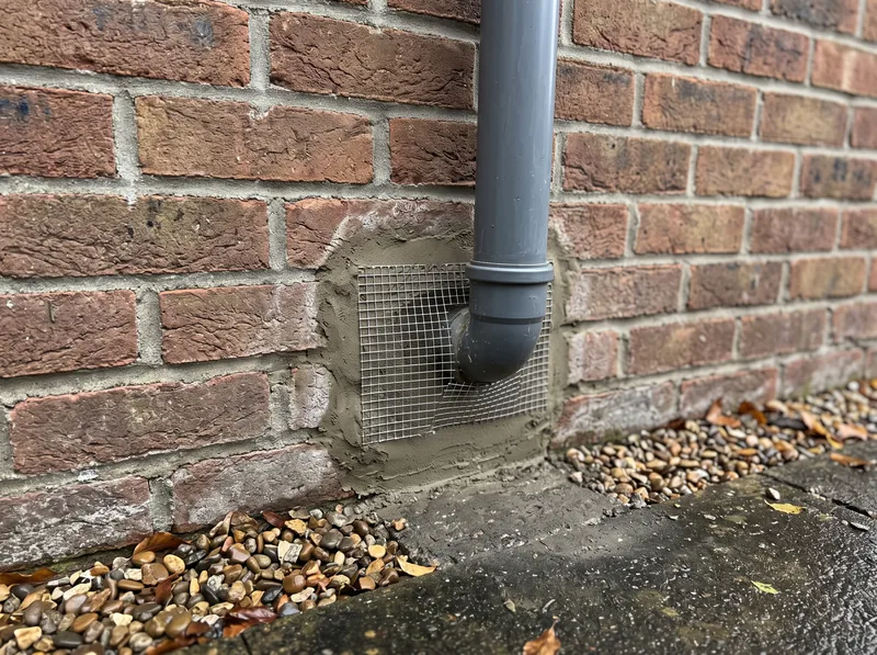Sealed pipe entry point in an exterior wall with wire mesh and mortar repair