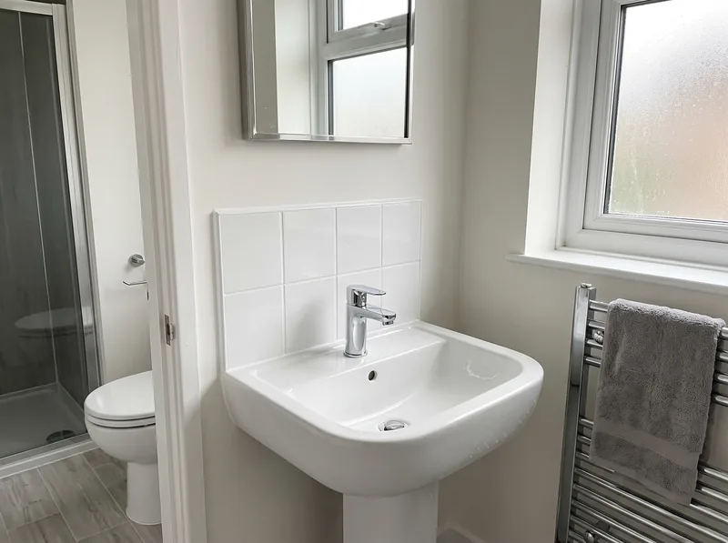 A newly installed white basin with a chrome mixer tap and tiled splashback