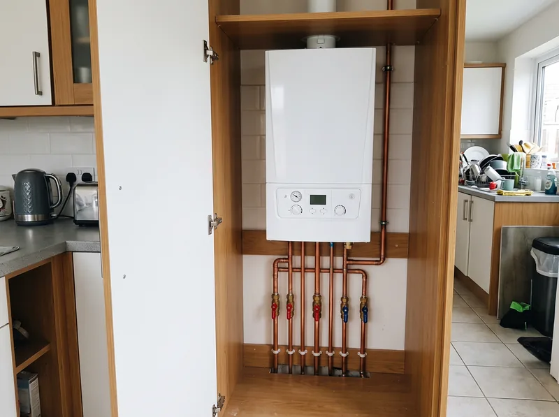 A newly fitted gas combi boiler with neat copper pipework in a kitchen cupboard