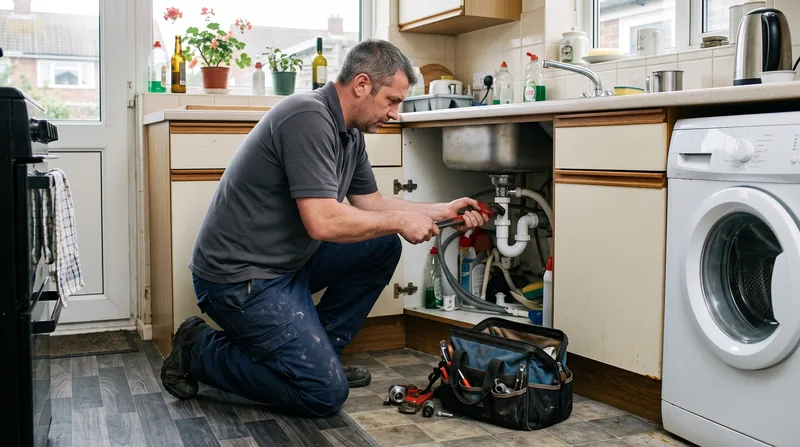 A plumber fitting new pipework beneath a kitchen sink