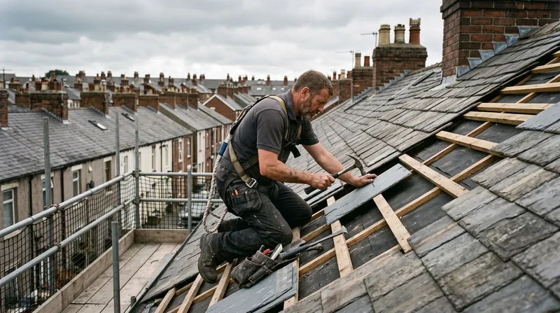 A roofer replacing slate tiles on a pitched roof