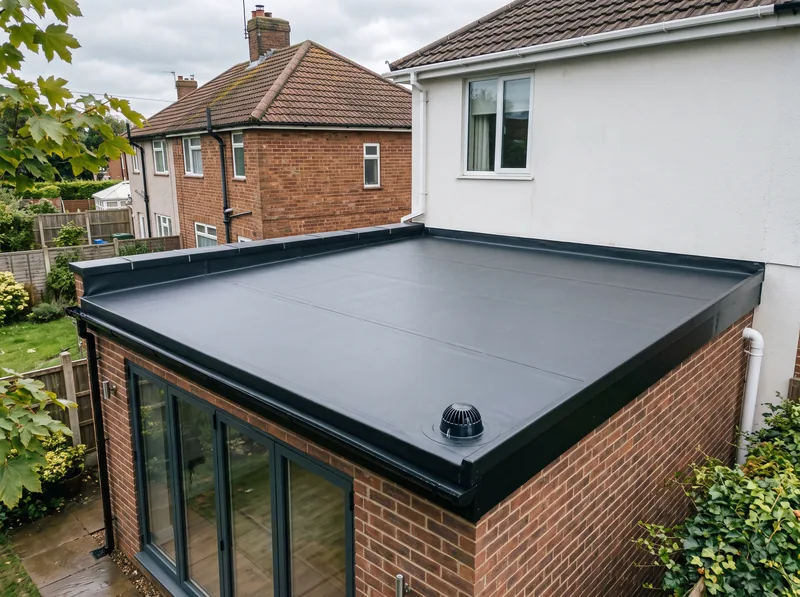 A newly finished flat roof membrane dressed neatly into the edge trim