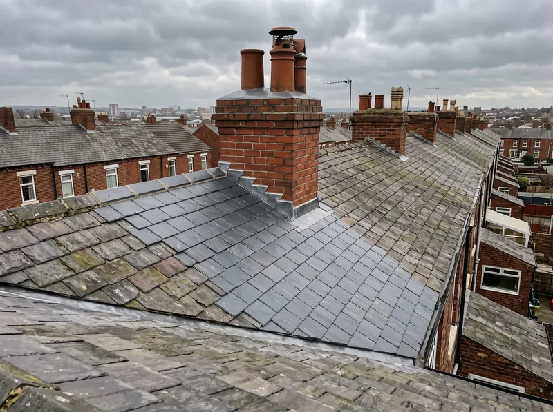 New slates blended into an existing roof with clean lead flashing at the chimney